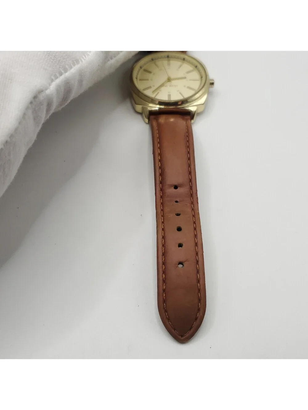 Nine West Quartz Gold Tone Brown Leather Band Womens Watch 36mm New Battery